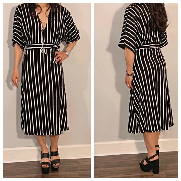 Black and white stripe plunging V neck midi dress - Picture 2 of 8